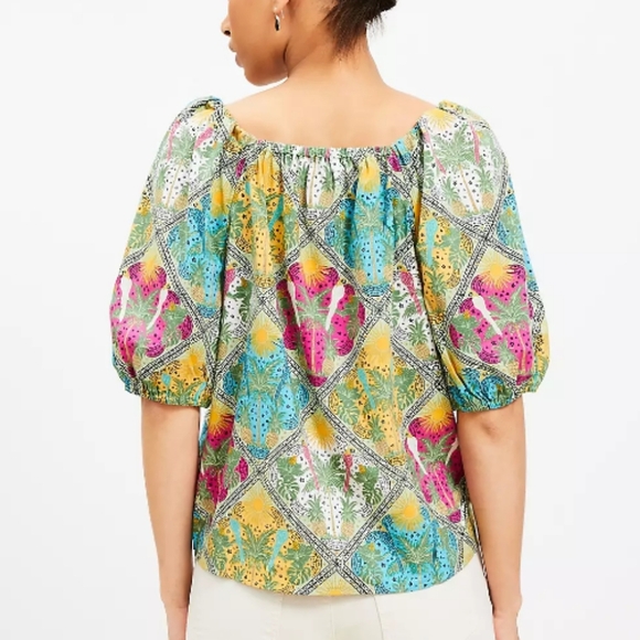 LOFT Palm Bubble Sleeve Square Neck Blouse Womens XL Multicolor Tropical Travel - Picture 11 of 11